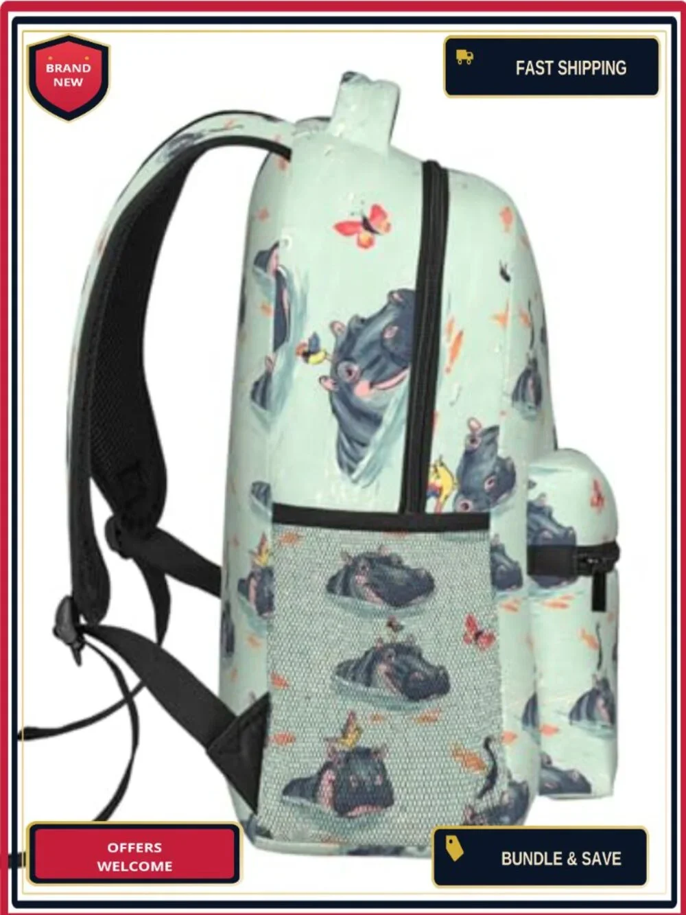 Cute Hippo Casual Backpack for Laptop, School, Travel Hiking - Polyester